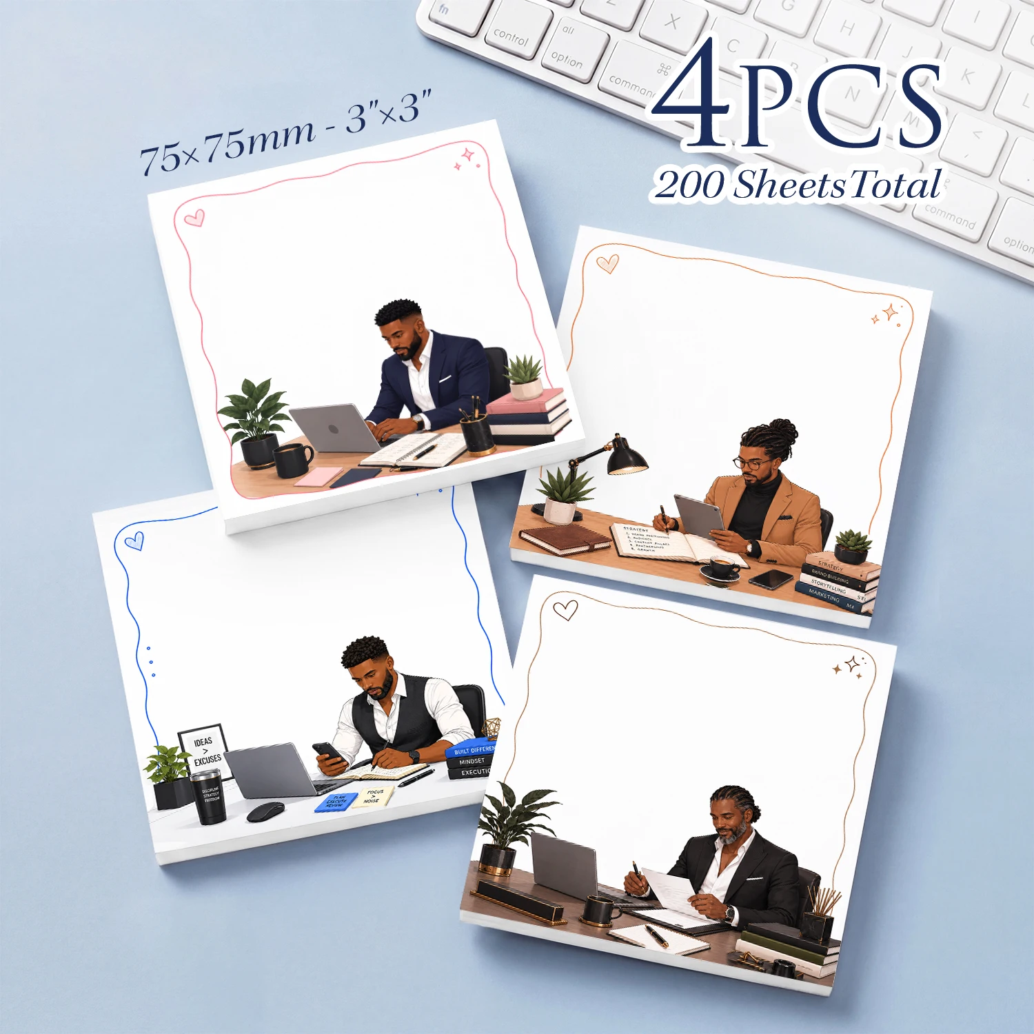 4PCS Business Men Sticky Notes 200 Sheets Office Work Desk Memo Pads Writing Reminder Notes for School Office Stationery