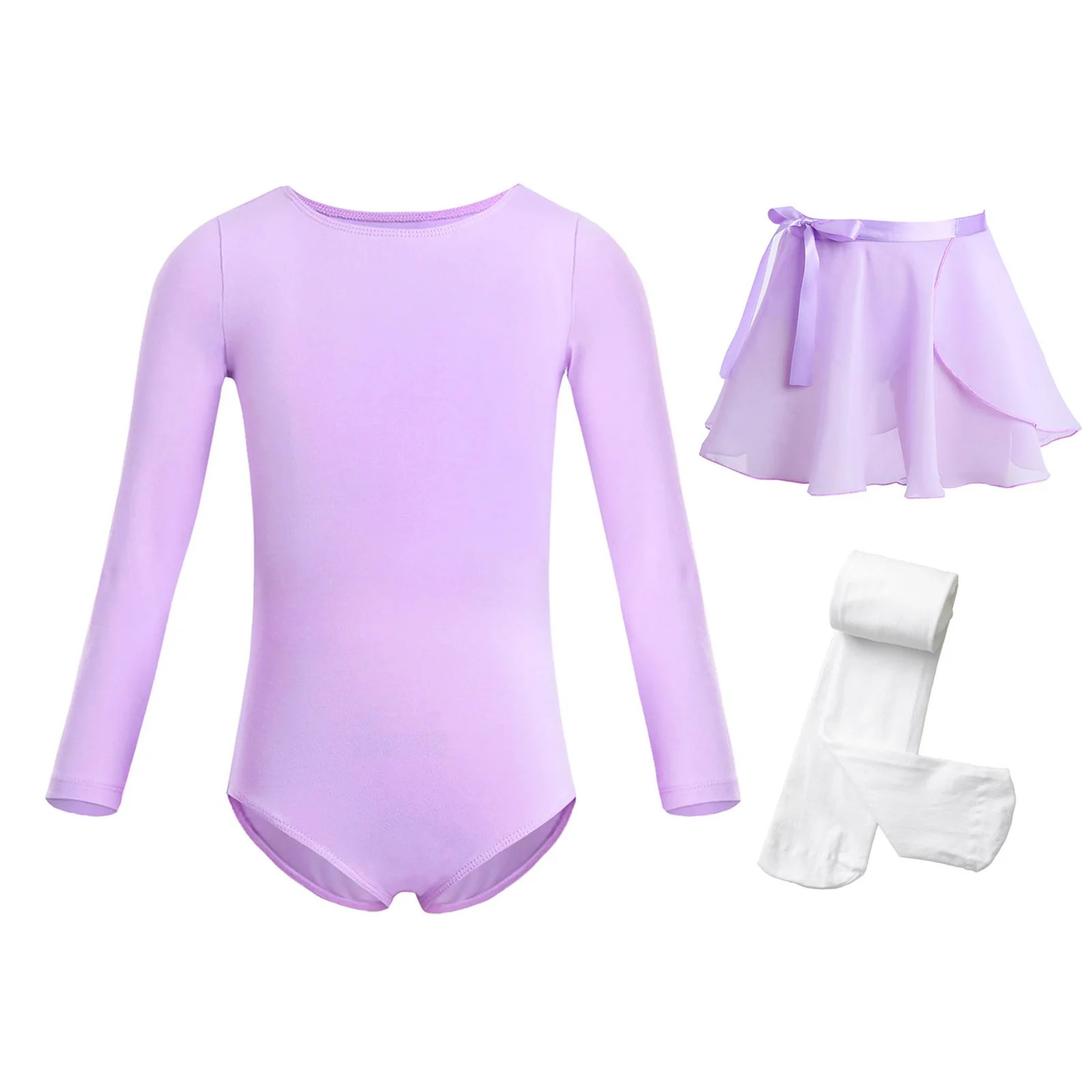 

Girls Long Sleeve Leotard with Tie Chiffon Skirt Pantyhose Ballet Tights Practice Suits Cotton Gymnastics Training Dance Outfits