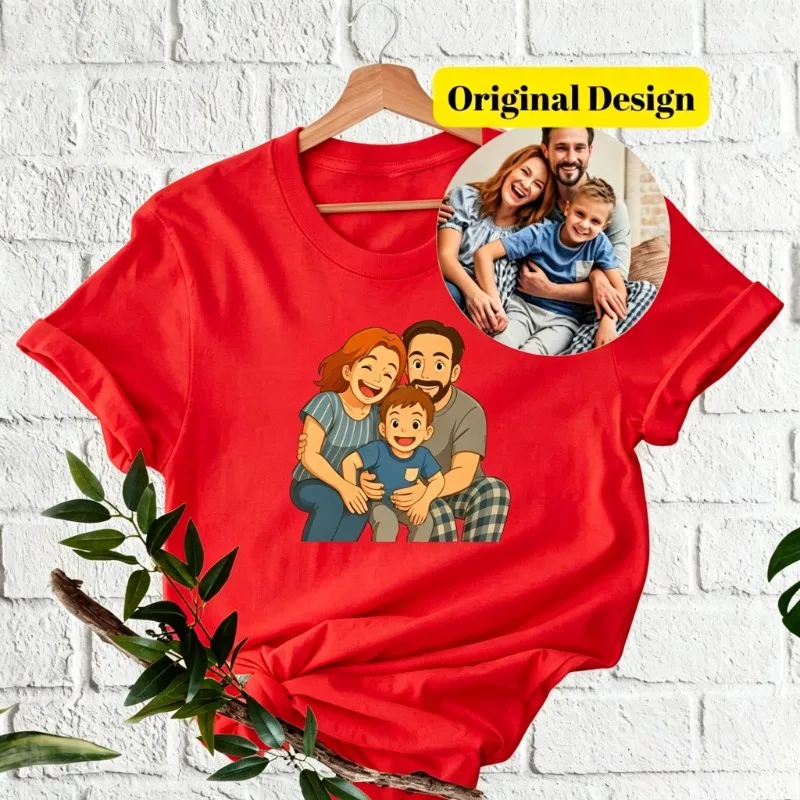 Customized Family Photo Cartoon Portrait Short Sleeve Tee Personalized Photo Custom T Shirt Matching Family Outfit Perfect Gift