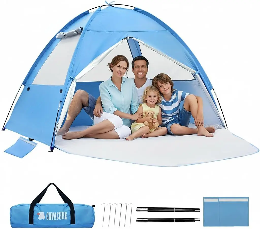 

Новая улучшенная пляжная палатка-тент для 3-4 человек - защита от УФ-излучения UPF 50+, водонепроницаемая и легкая.