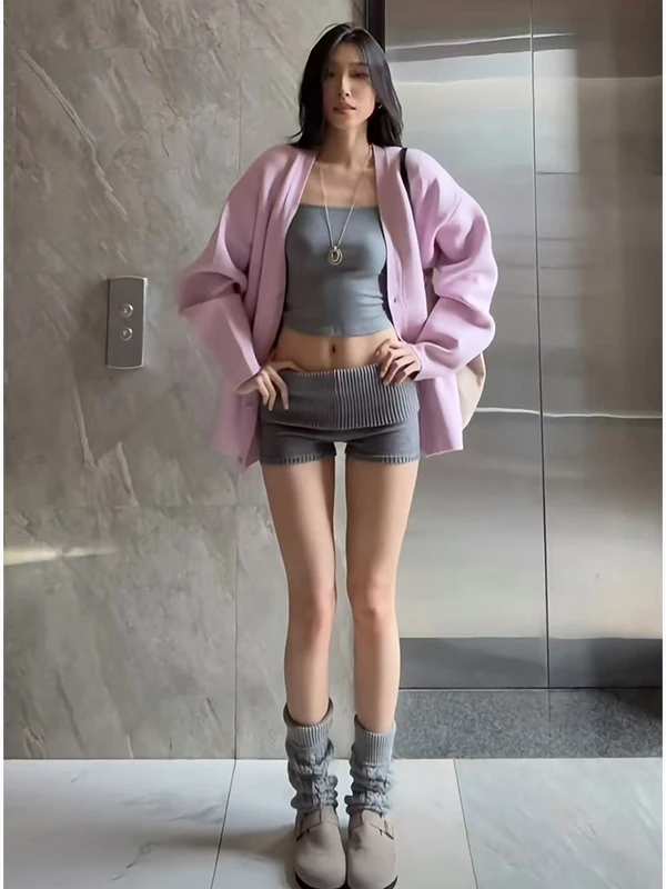 

Sweet Korean Sle Knitted Set with ey Long Sve T-irt Low Waist Tight Fit ort Pants V Ne Open Cardigan for Teens