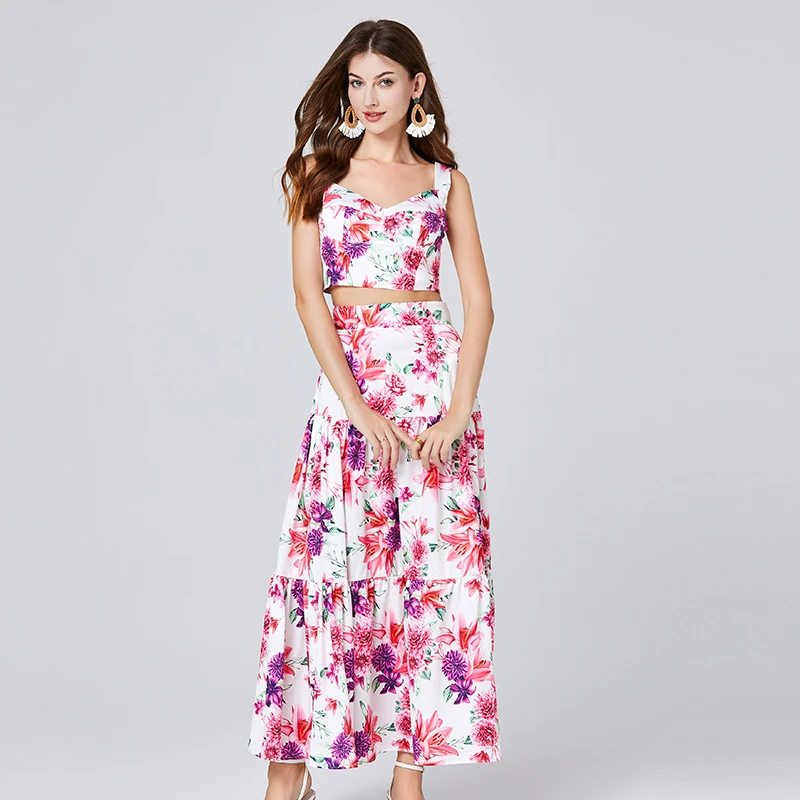 

Summer Runway Brand Designer Floral Print Sexy Two Piece Women Sets Slash Neck Cropped Tops Long Maxi Skirts Suits