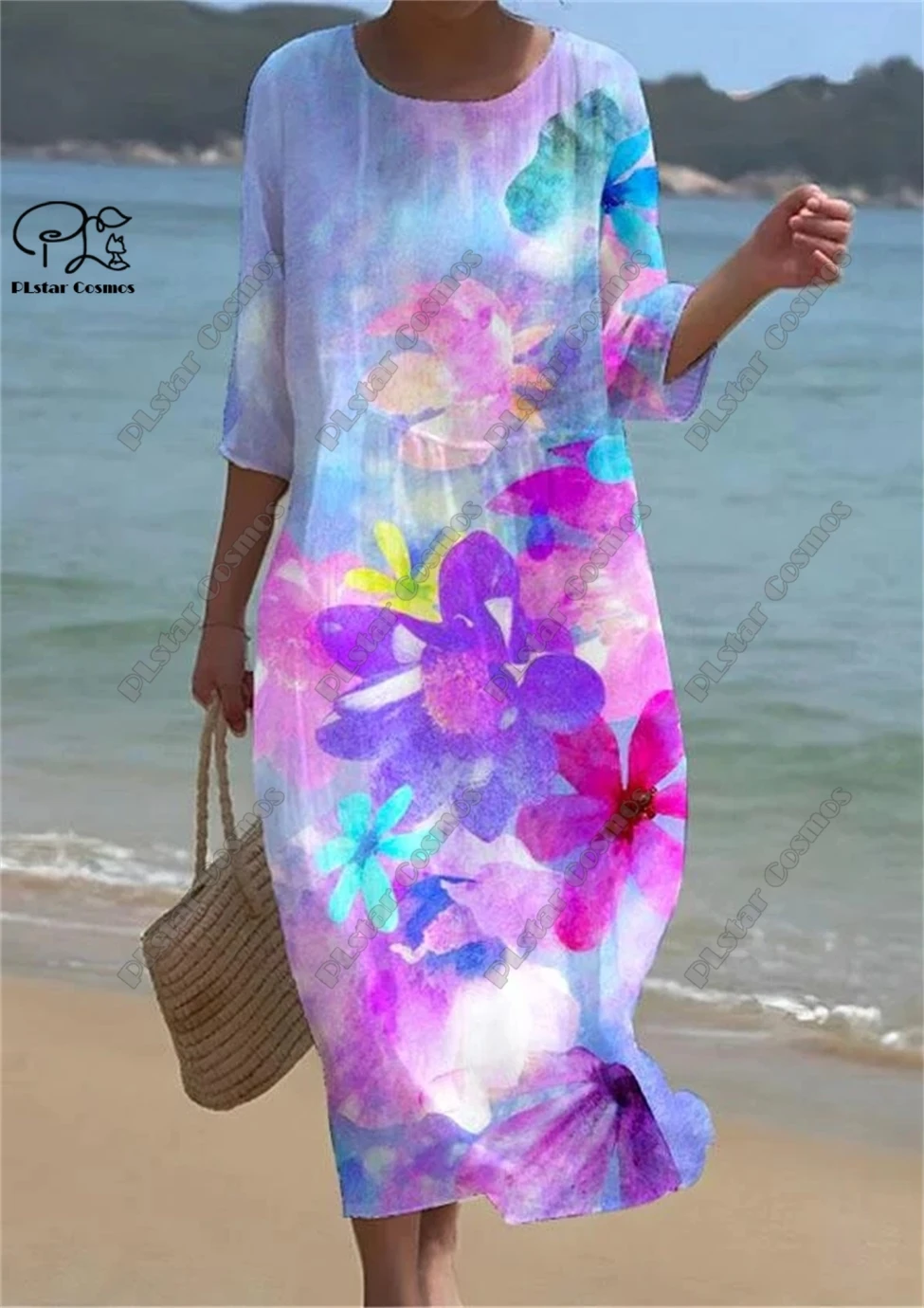 Plstar cosmos 3d impresso vintage floral feminino manga midi em torno do pescoço vestido verão casual estilo resort harajuku rua series11