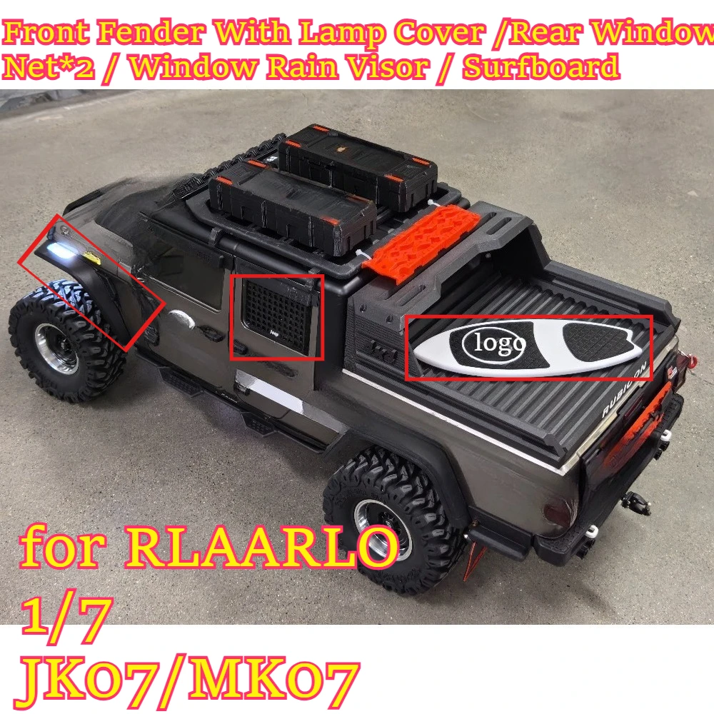 RC Front Fender With Lamp Cover Rear Window Net Window Rain Visor Surfboard kit for RLAARLO 1/7 JK07/MK07 custom size accessory