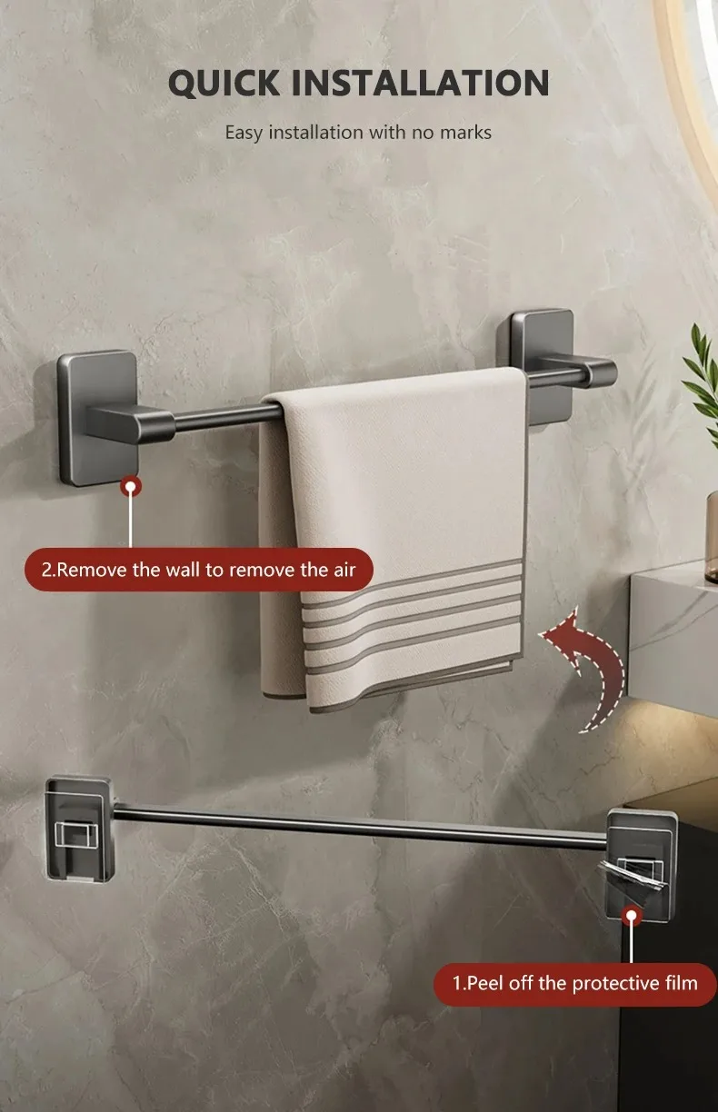 Wall Mounted Towel Rack Bathroom Storage Rack No Drilling Bathroom Horizontal Bar Towel Rack Kitchen Bathroom Accessories