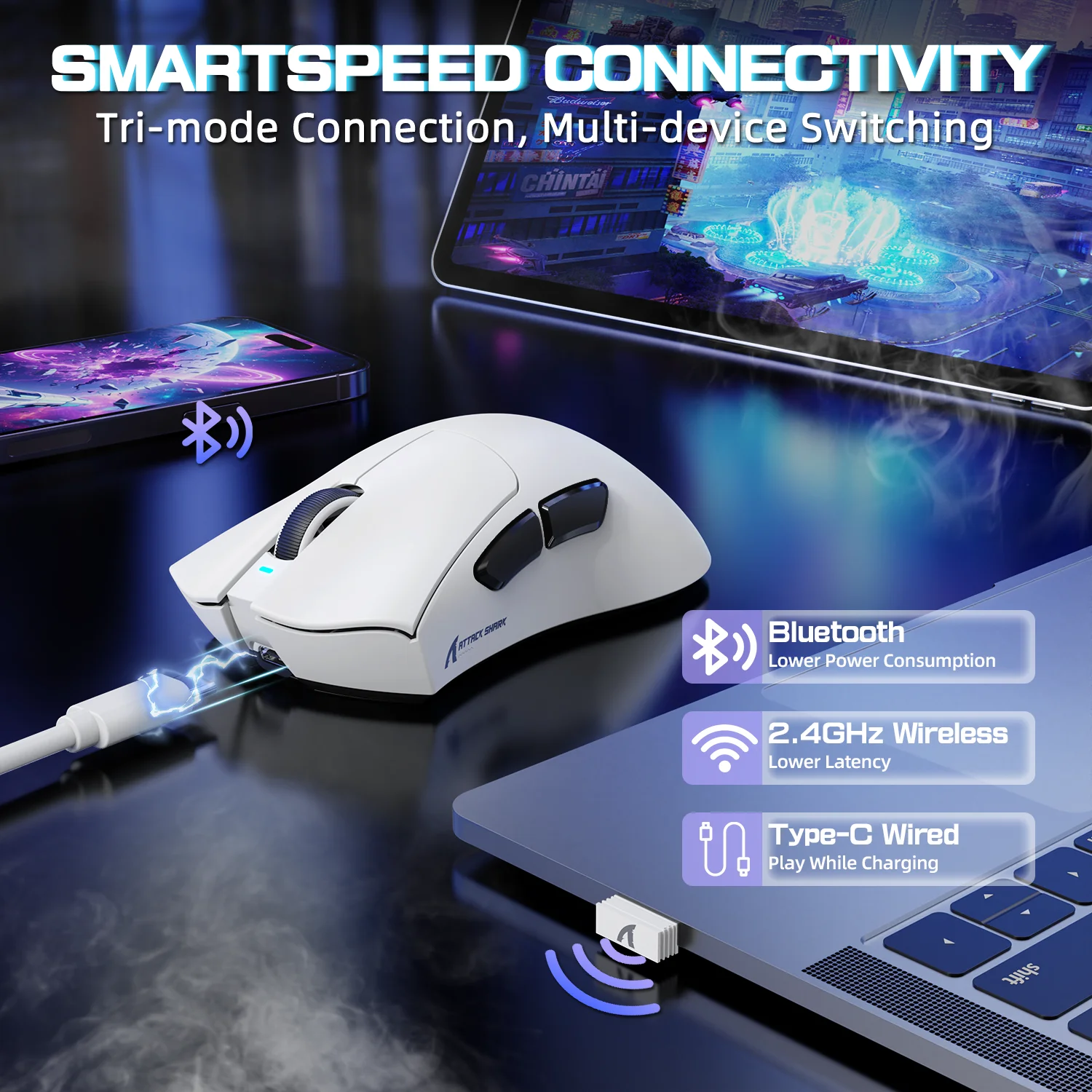 ATTACK SHARK V3PRO Wireless Gaming Mouse with Magnetic Charging Dock, PixArt PAW3311, 25000 DPI, BT/2.4Ghz/Wired, 500mAh