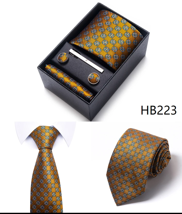 Krawatte Taschentuch Manschettenknopf Set für Männer Krawatte Urlaub Geschenkbox Blau Gold Anzug Zubehör Schlanke Hochzeit Gravatas – Detail 29