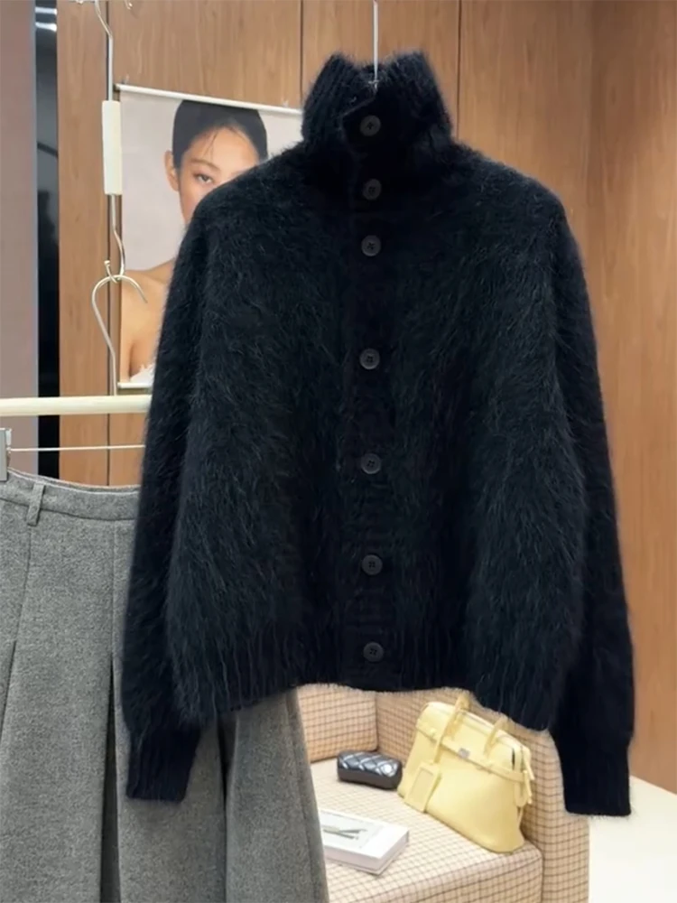 

Ретро-кардиган с высоким воротником, вязаный, женский, больших размеров, стройнящий, универсальный топ в корейском стиле, теплый, осенне-зимний