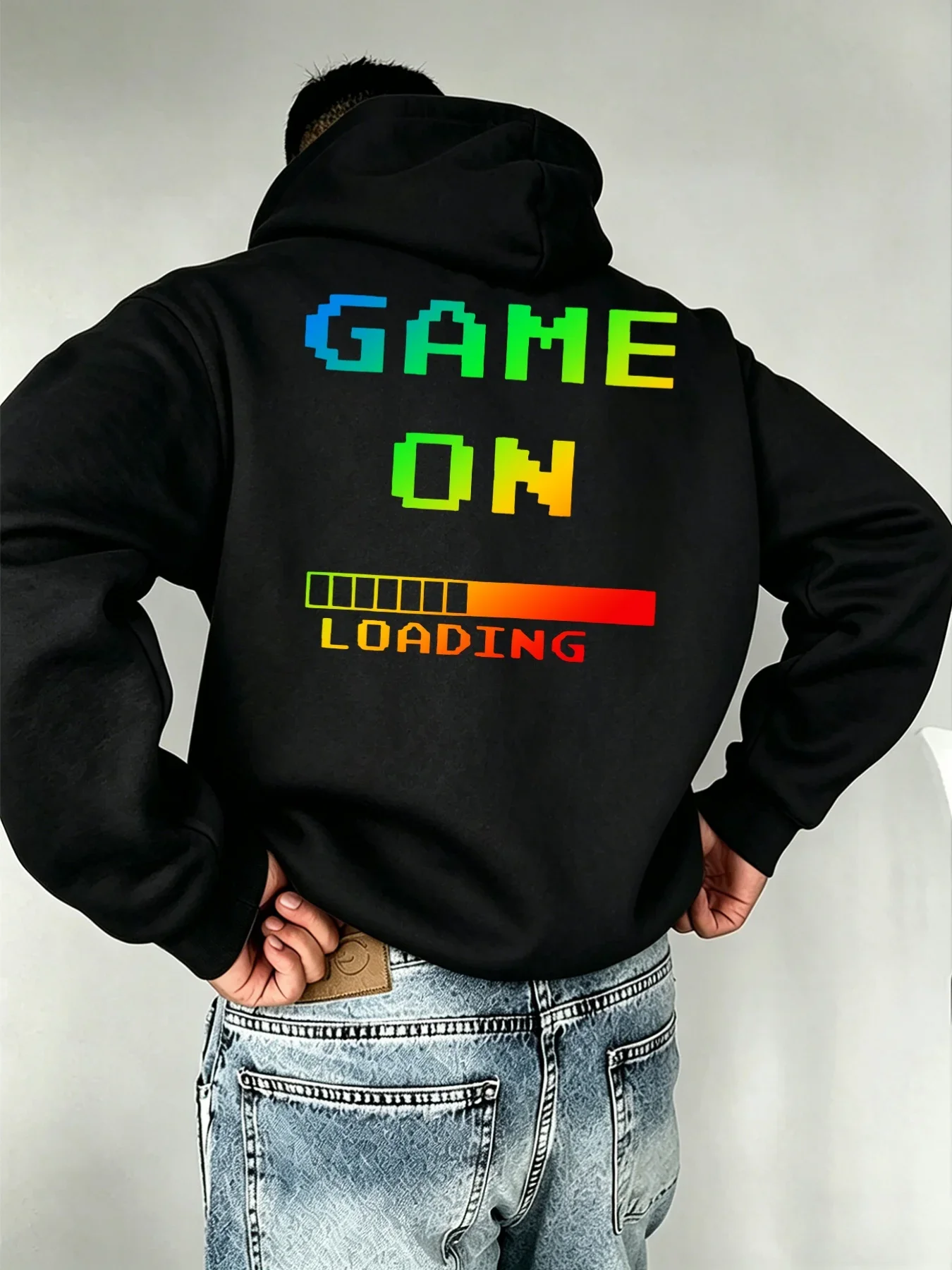 Men Retro Gamer Pixel Loading Bar Graphic Hoodie Autumn Winter Oversized Street Style Unisex Fleece Pullover Hooded Sweatshirt