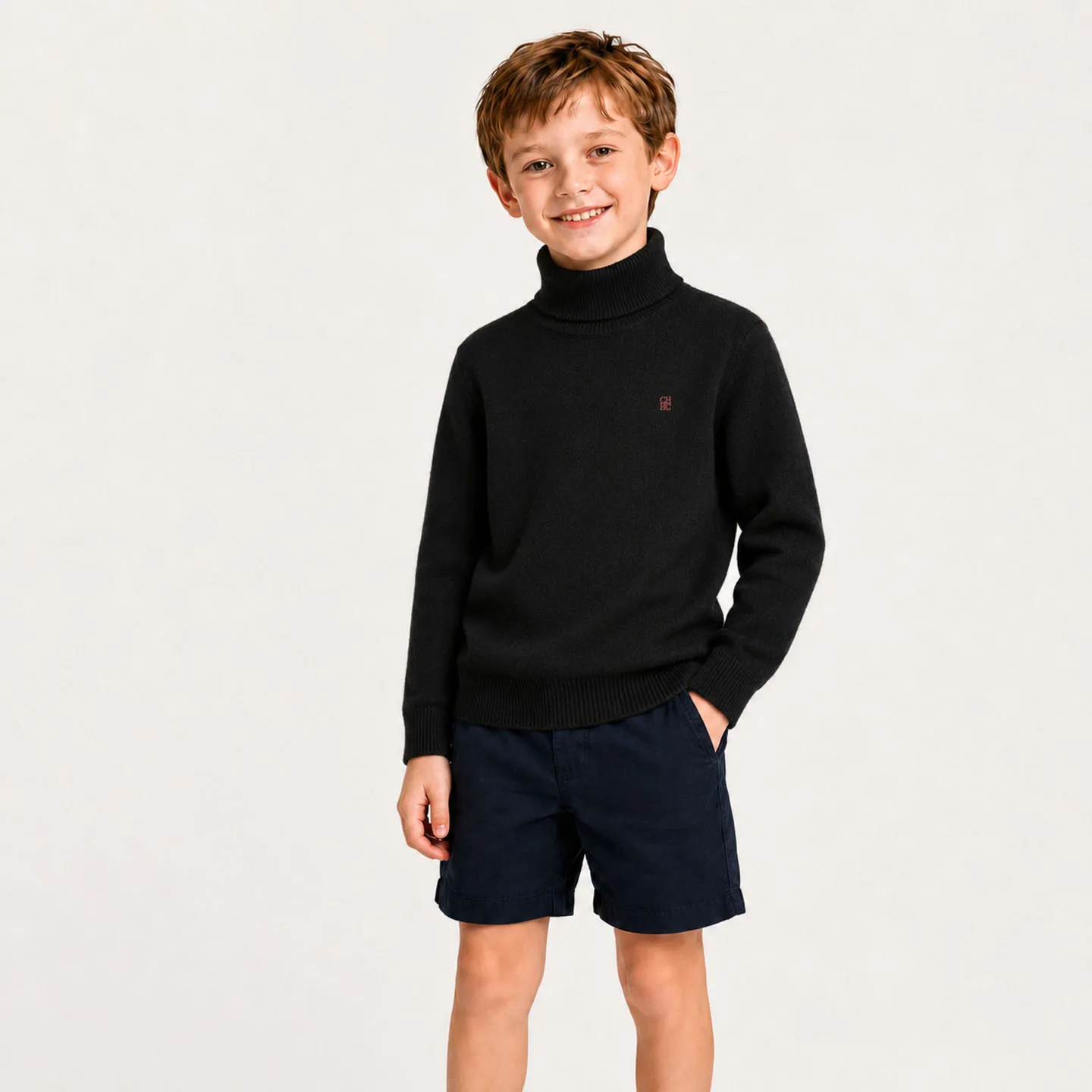 CH Kinder Rollkragenpullover mit gerippten Bündchen und Saum, Bruststickerei, weich, lässig, langärmelig – Detail 6