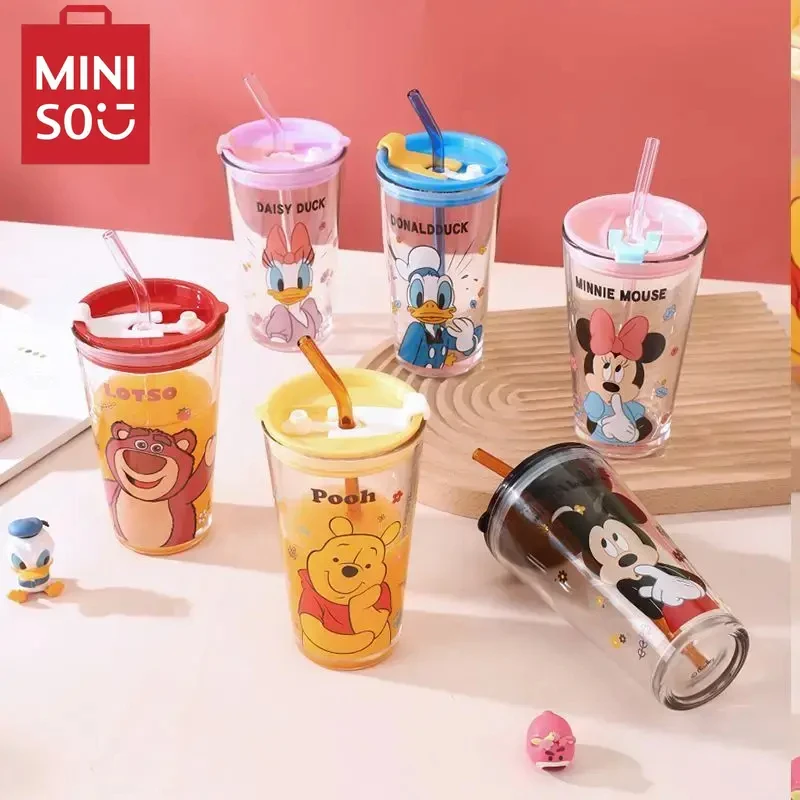 MINISO Disney straw glass with lid cup for girls coffee juice cup large capacity double drink cup cute water bottle