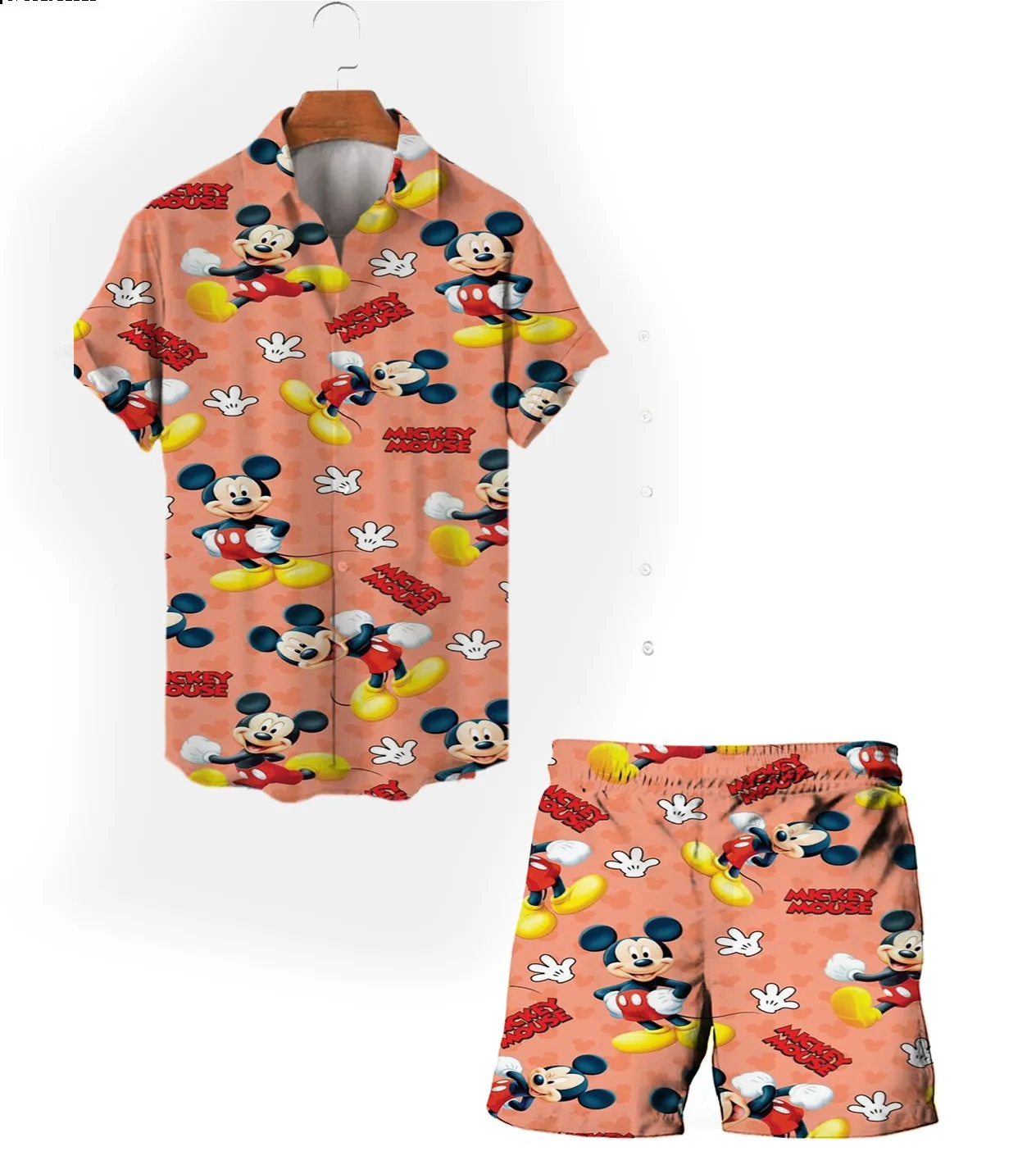 Camiseta de manga corta con estampado de dibujos animados de Mickey para hombre, traje informal de estilo Harajuku con solapa, pantalones cortos de