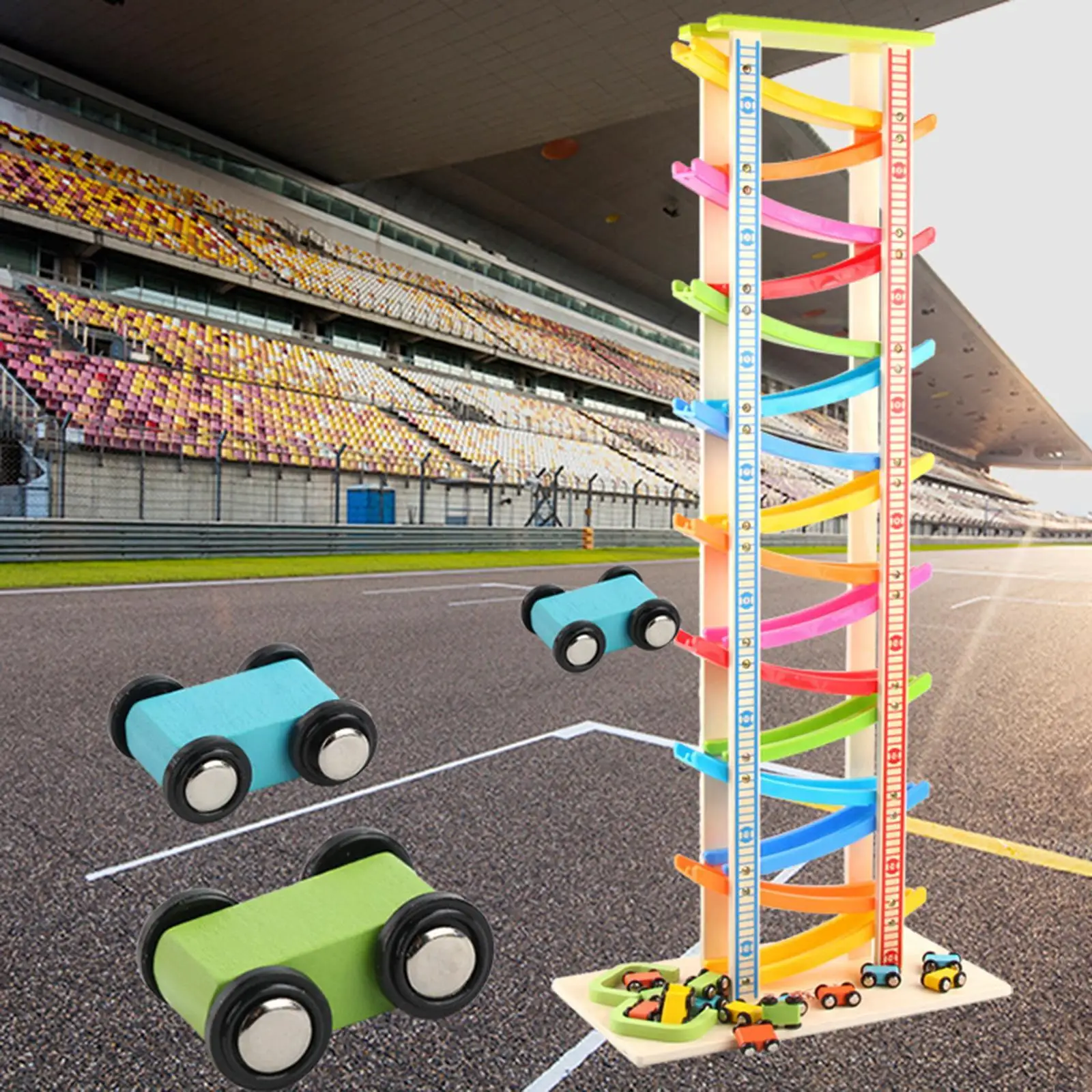 لعبة منحدر السيارة الخشبية الممتعة التعليمية والمهارات الحركية الدقيقة لعبة السيارة المنزلقة التنموية مع سيارات صغيرة للأطفال الأولاد والبنات والأطفال