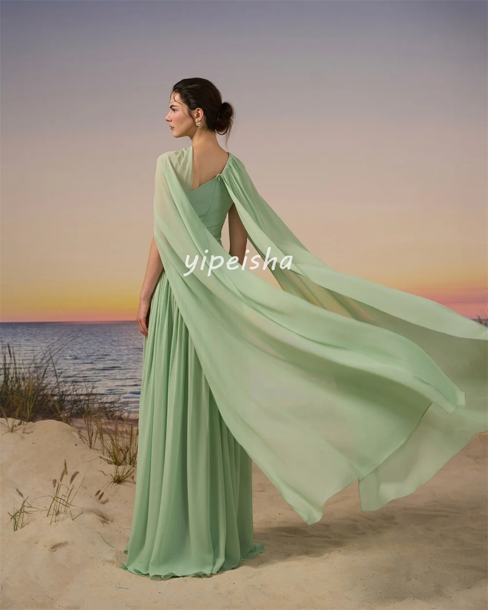Customized Matching Fashion Chiffon Pleat Ruched Draped Beading Sequined A-line High Collar Long Dresses Evening Dresses Retro
