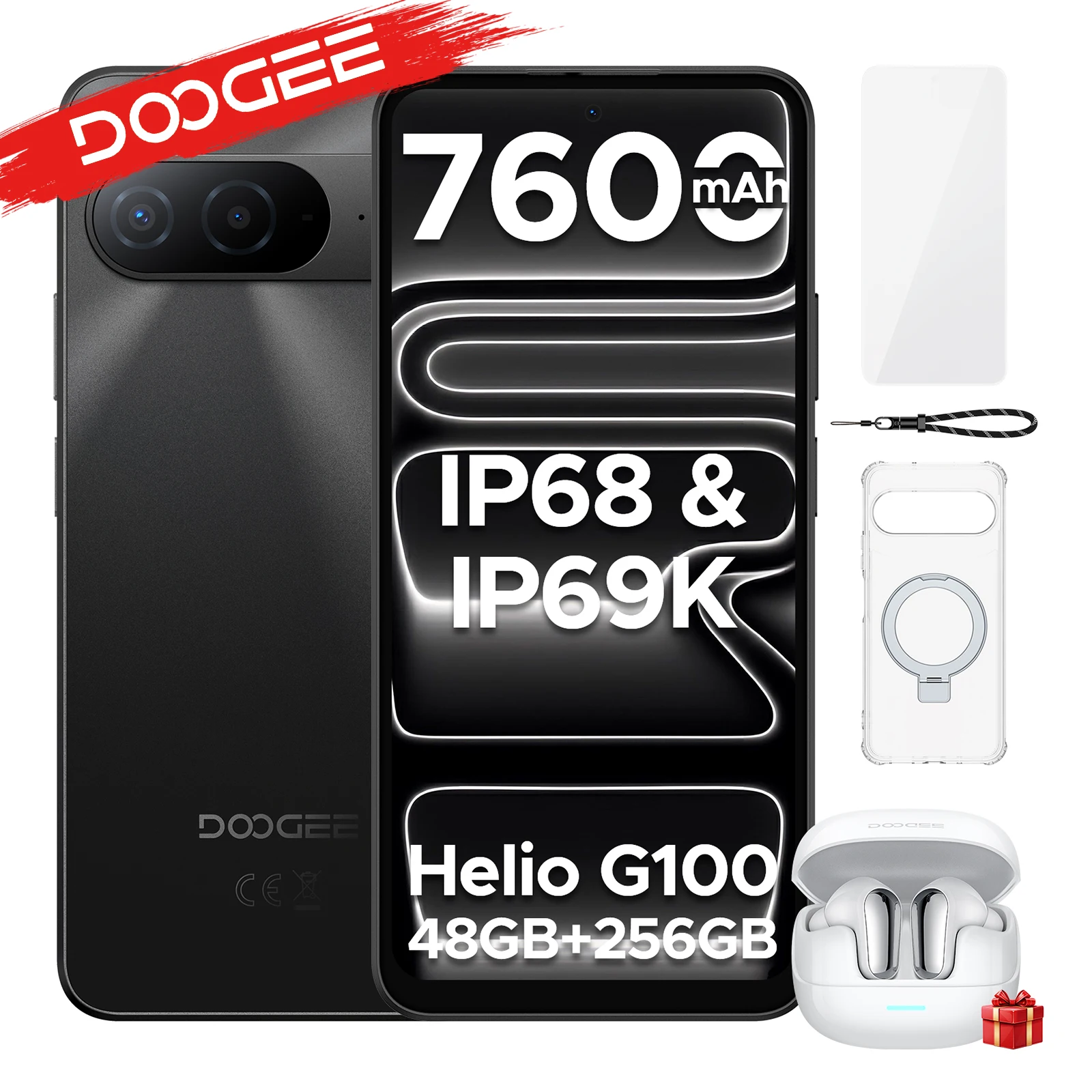 DOOGEE B10 Smartphone IP68 Waterproof Android 16 6.63”Helio G100 7600mAh Battery 48GB RAM(6+42) 256GB ROM Google Pay Supports