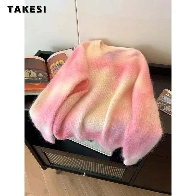 Sweet Casual Knitting Long Sleeve Pullovers 2023 Winter Korean Fashion Women Y2K Jumpers Tie Dye Round Neck Ladies Sweater