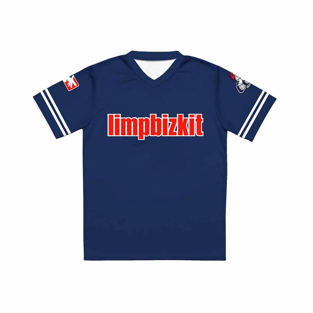 Limp Bizkit Tour 2026 Football Tees Unisex Navy Blue V‑Neck Mesh Sport T-shirt Short Sleeve Casual Hip‑Hop Streetwear Men Women