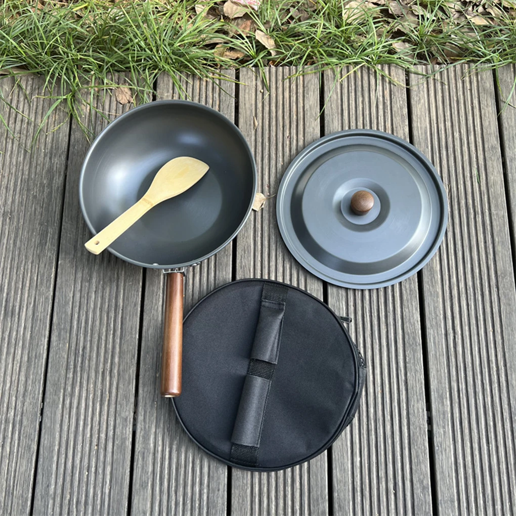 Lightweight Aluminum Alloy Camping Frying Pan With Wood Handle Anti-hot Heat Insulation Folding