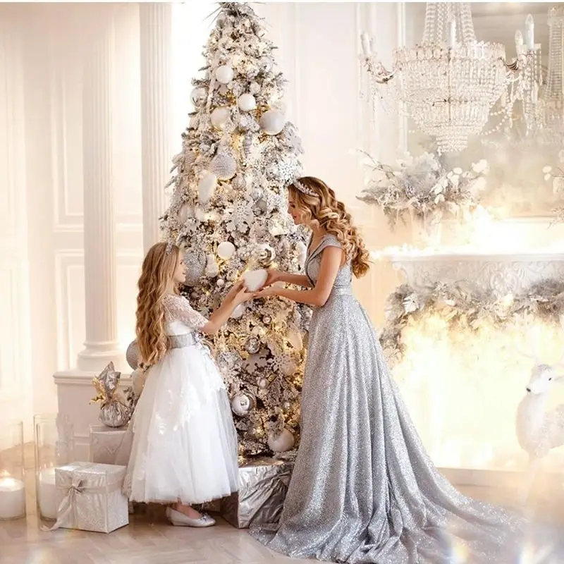 

Gorgeous Long Formal Party Dresses for Mother and Daughter Sequins Silver Mommy and Me Whiter Girls Lace and Tulle Dress Photo