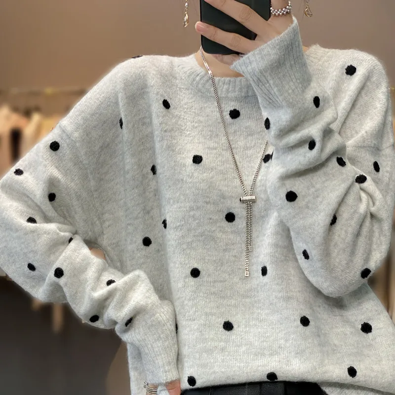 European station 2022 new goods puffed sleeve wool sweater women polka dot round neck Cashmere pullover long sleeve top trend