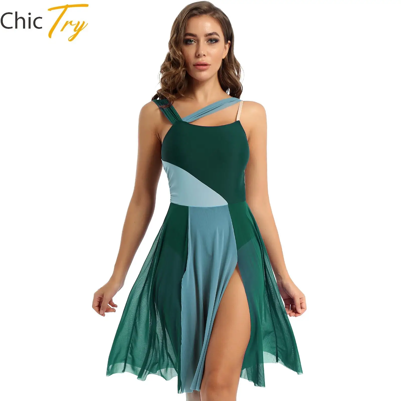 

Womens Contemporary Modern Dance Dress Sleeveless Shoulder Straps Color Block Leotard Mini Skirts Lyrical Dance Costume