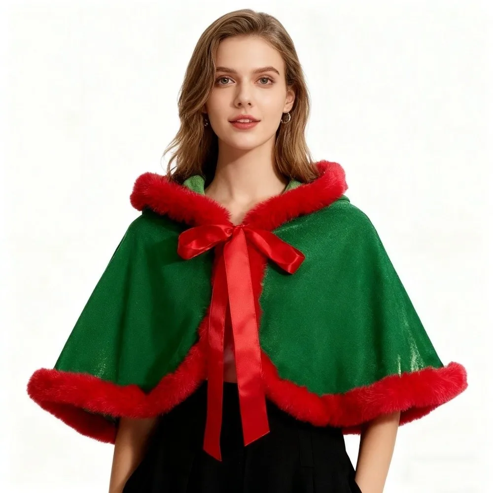 Fashion Polyester Christmas Hooded Cloak Thick Plush Xmas Cape Cosplay Costume Windproof Women Ponchos Party Costumes Dress