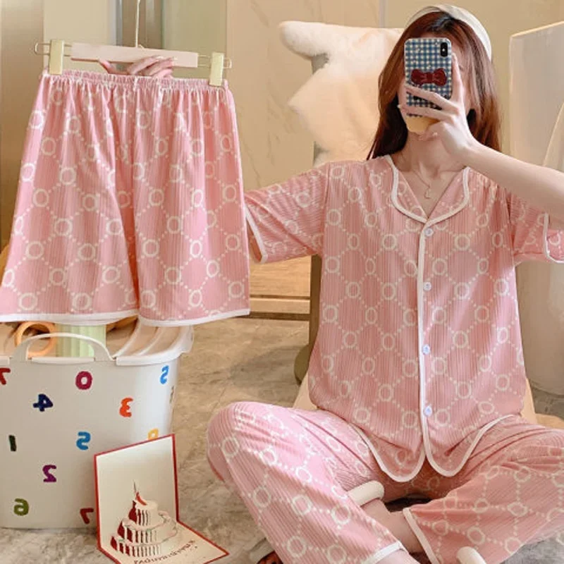 Women\'s New Three-Piece Pajamas Summer Short-Sleeved Pyjamas Korean Version of the Sweet and Lovely Cardigan Ladies Homewear