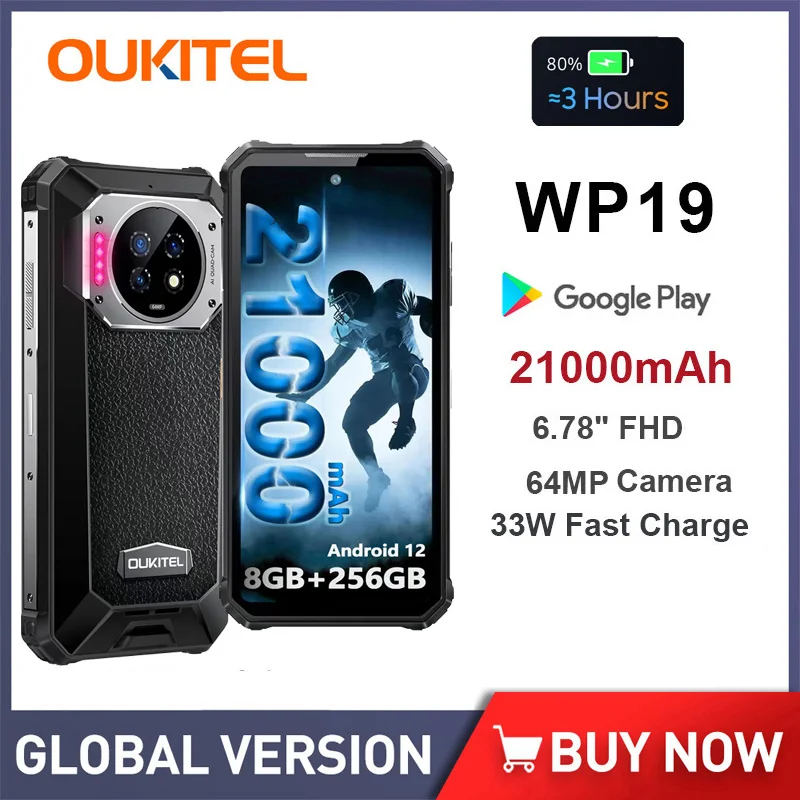 Oukitel WP19 Rugged Phone Night Vision Smartphone 8 GB, 256 GB,21000 mAh Mobile Phone 64M Camera, 90 Hz Helio G95 Cell Phone