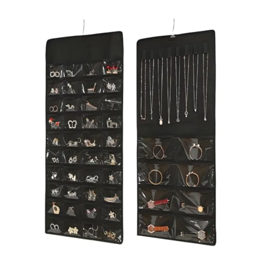 s Hanging Jewelry Organizer with Necklace Straps, Double-Sided Black Closet Jewelry Holder for Space-Saving Storage of Earrings