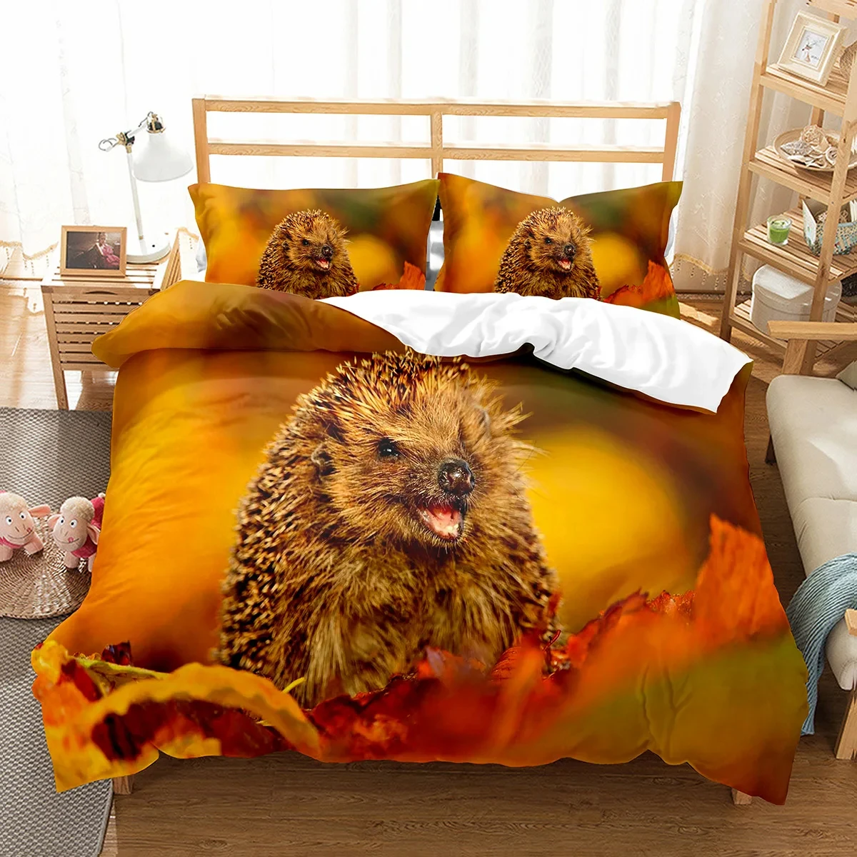 Hedgehog Duvet Cover Set Cute Wild Animal Comforter Cover for Boys Girls King Queen Full Twin Size Bedding Set with Pillowcase