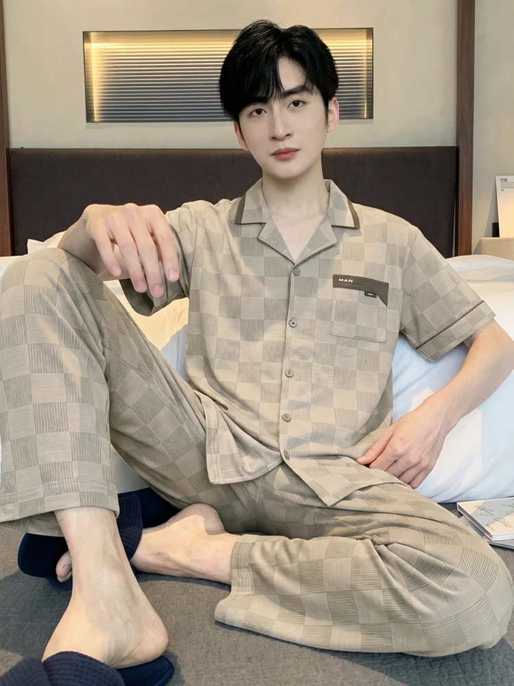 cool-modal-sleepwear-men's-summer-short-sleeve-long-pants-thin-ice-silk-cool-feeling-home-clothes-set-loose-fit-spring-summer