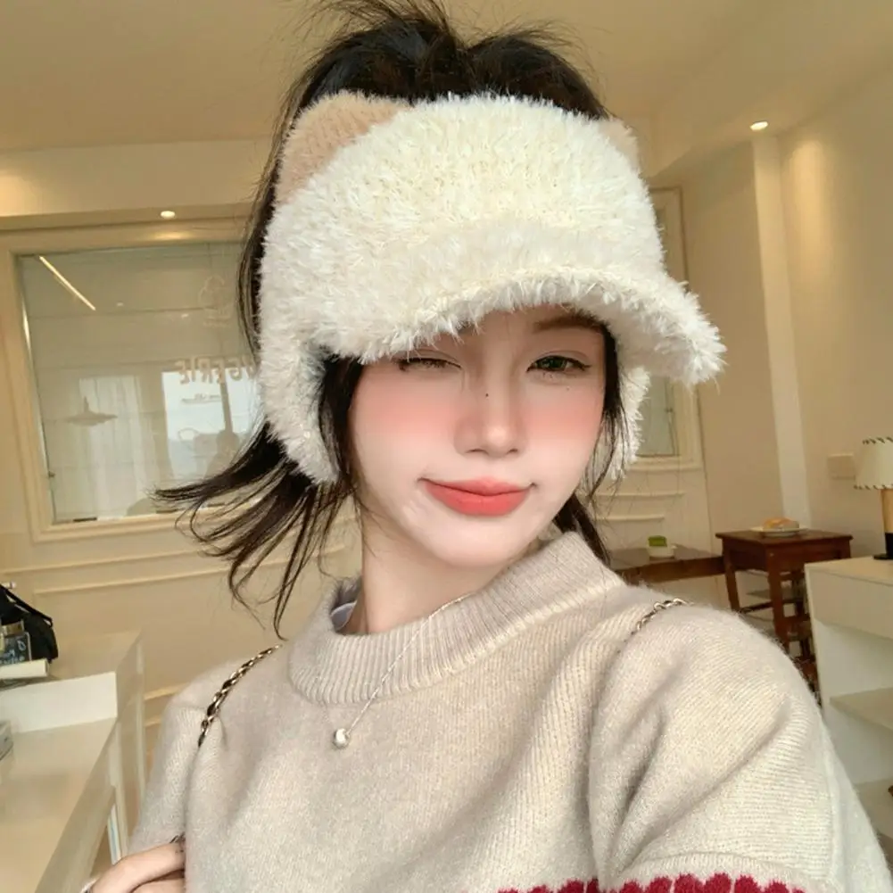 Open Top Peaked Cap Cozy Polyester Winter Hat Winter Visor Cap with Ear Flaps Plush Hat with Brim Open Top Ponytail for Women