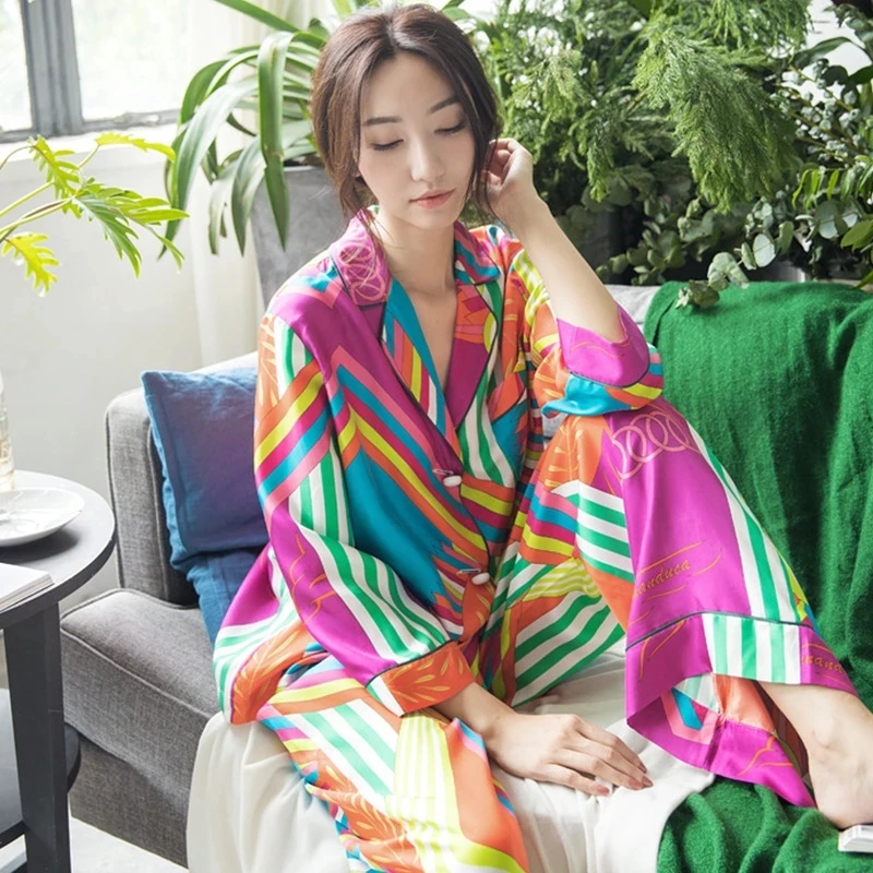 Women Silk Pajamas Autumn Korean Fashion Sleepwear Loose Cardigan Long Sleeves Pants Set 2 Piece Sexy Satin Pyjamas Home Clothes