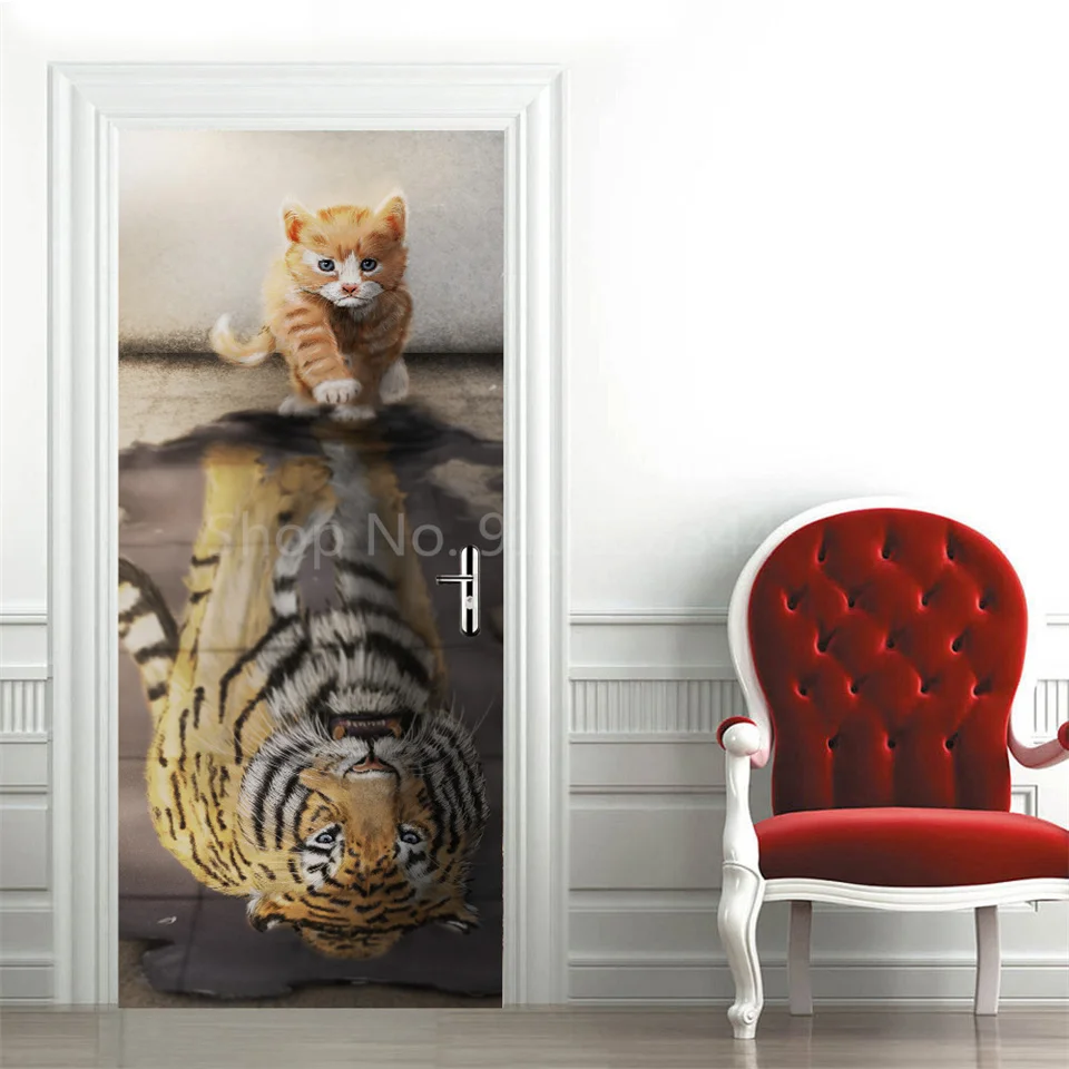 Tier-Türaufkleber Katze Tiger Hirsch Leopard Tapete Benutzerdefinierte Türen Poster Wandtattoo Selbstklebend 3D Heim-Design Dekor Türsticker – Detail 20