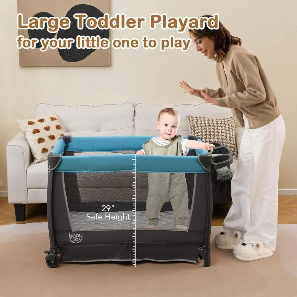 5-in-1 ポータブルベビーサークル（ベビーベッド、おむつ替え台、収納、音楽、キャリーバッグ付き）