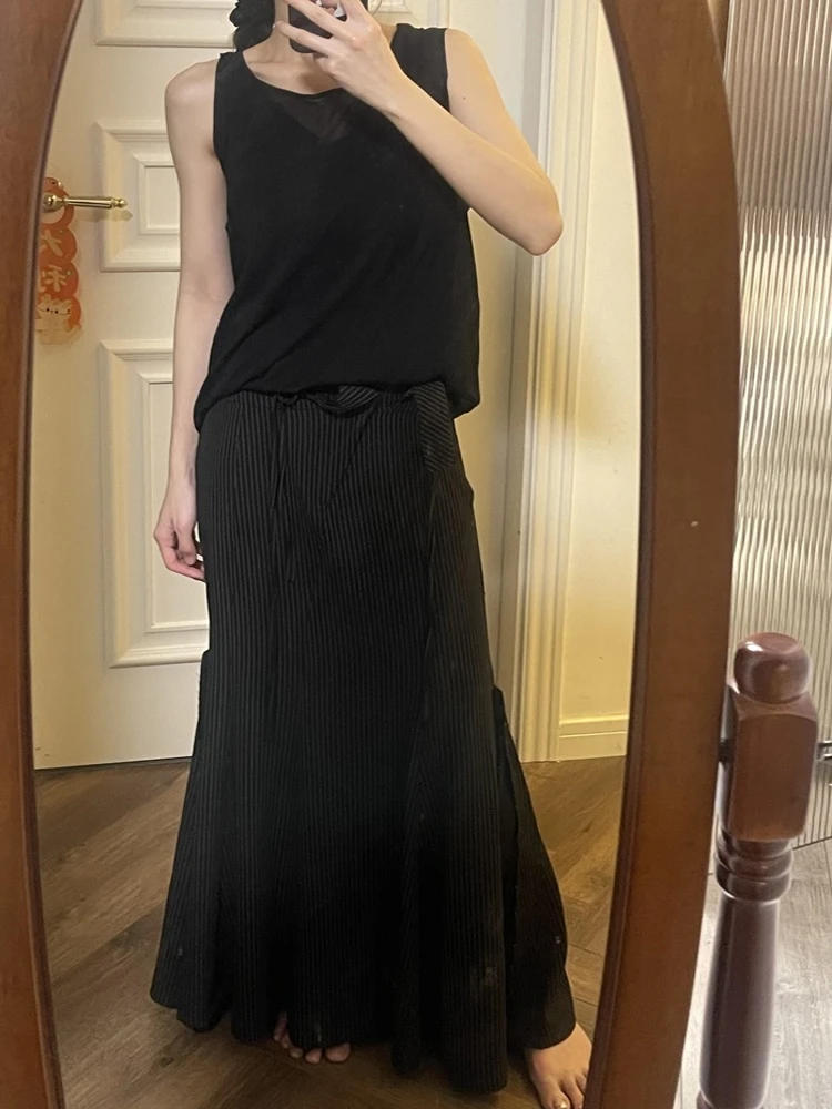 

American Hot Girl Design Vertical Stripes Asymmetrical Fish Tail Long Skirt Women's Summer New High Waist A-Line Midi Skirt