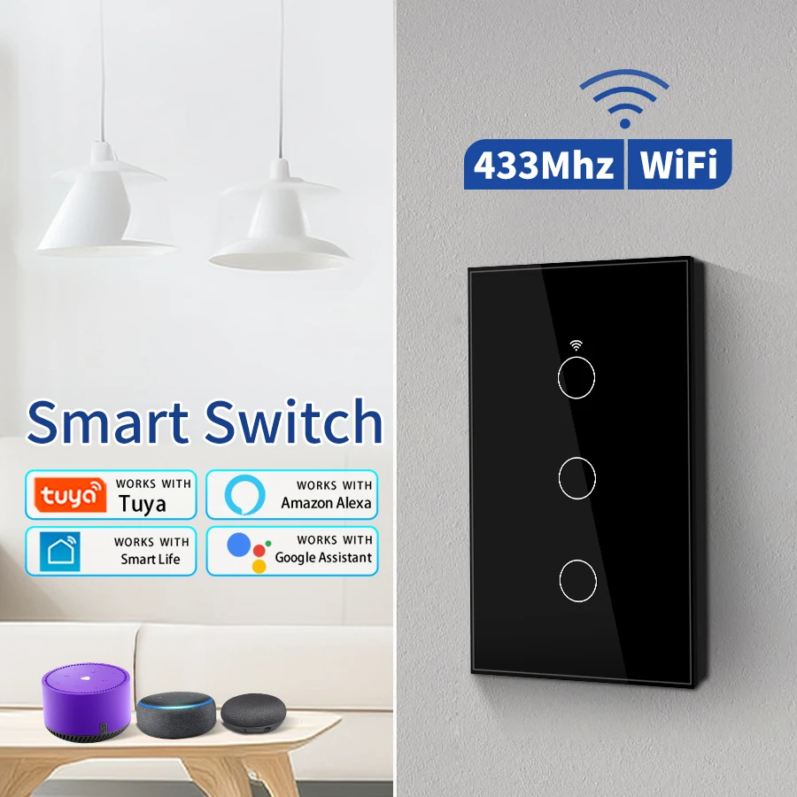 Tuya WiFi Smart Switch US Standard Touch Switch 433Mhz Wireless Remote Voice Control Alexa Google Home No Neutral Wire Required