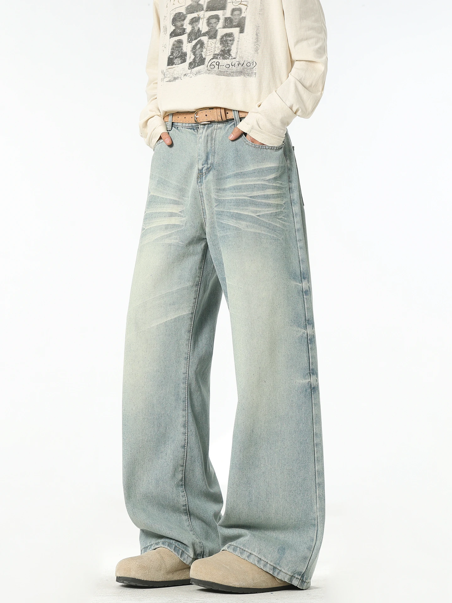 

Wukong Has Sto Trendy American Waed Straight Leg Men's Jeans Retro Streetwear Cleanfit Versatile Wide Leg Long Pants