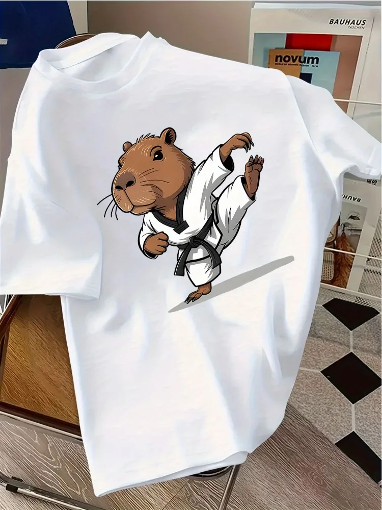 Soft Pink Mens Crew Neck T Shirt Taekwondo Capybara Black Belt Cartoon Print Loose Cotton Short Sleeve Sport Casual Daily Tops