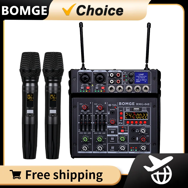 BOMGE karaoke 4 Channel Sound Audio mixer With Dual UHF Wireless microphone Sound Board Console MP3 Bluetooth 48V Phantom Power