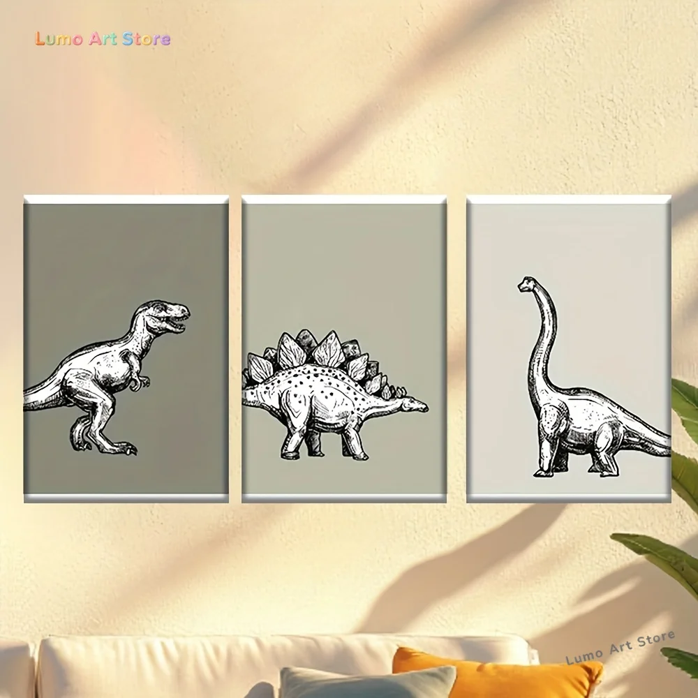 2D Flat, 2D Flat, 3pcs, Canvas Painting--Unframed, Dinosaur Wall Decals, Artist Drawing Set, Living Room, Office, Library, Ba