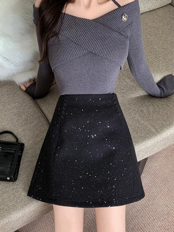 Shiny Short A-Line Skirt Women's Woolen Suit Dress High Waist Flattering for plus Size Ladies Commute Korean Style Skirt