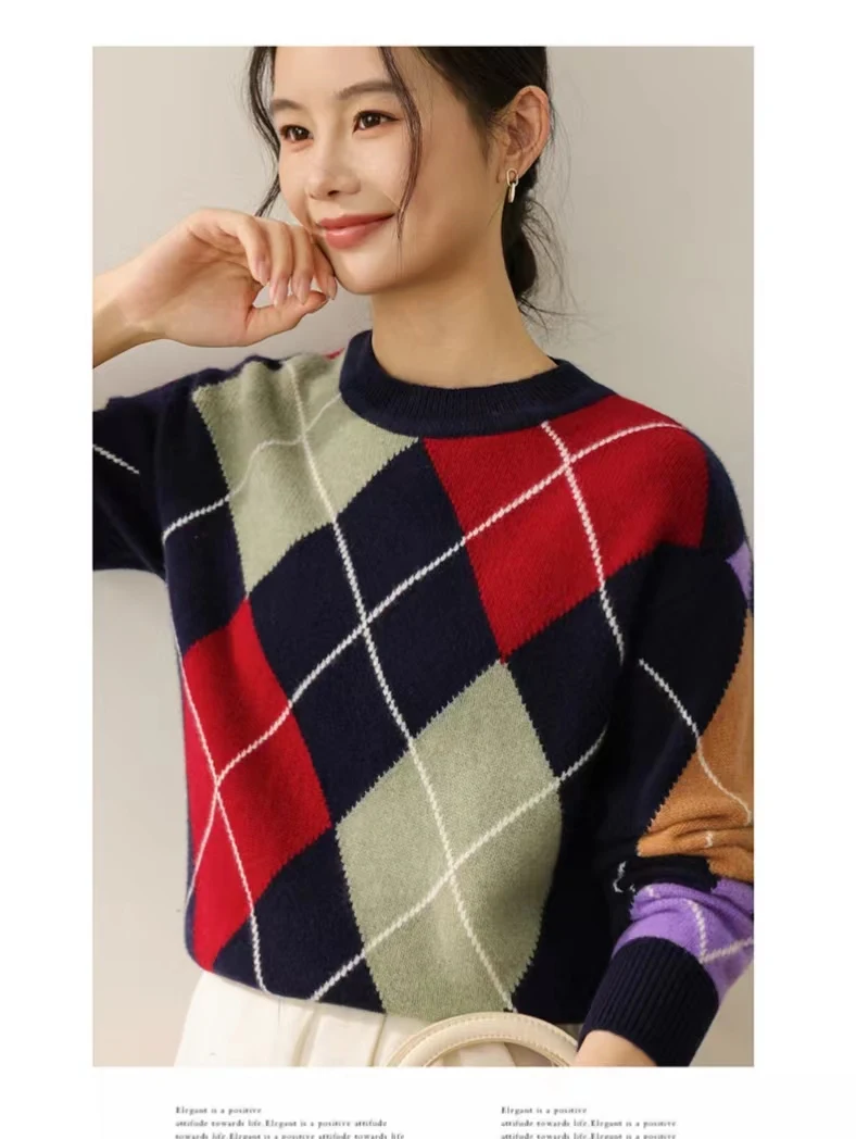 100% ميرينو رداء علوي من الصوف للنساء 2025 خريف شتاء دافئ فضفاض جديد متعدد الاستخدامات س الرقبة الماس اللون حجب الصوف تريكو