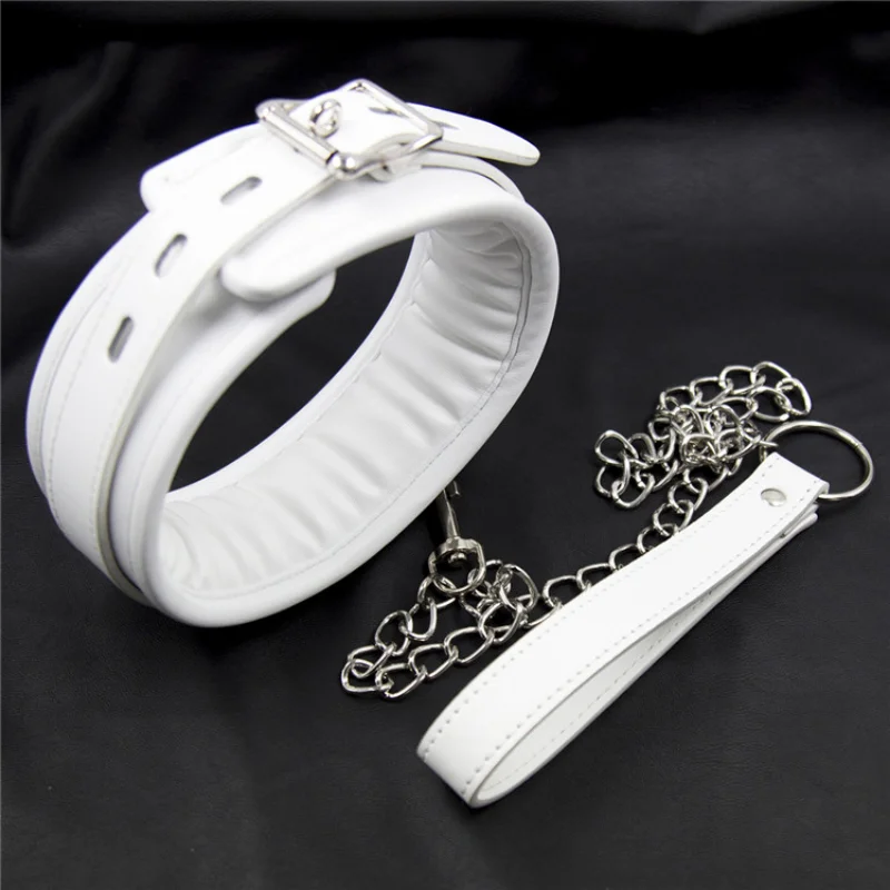 Soft Padded White BDSM Bondage Restraint Wrist Handcuffs Neck Collar Ankle Cuffs with Chain Slave Erotic Flirting Adult Sex Toys