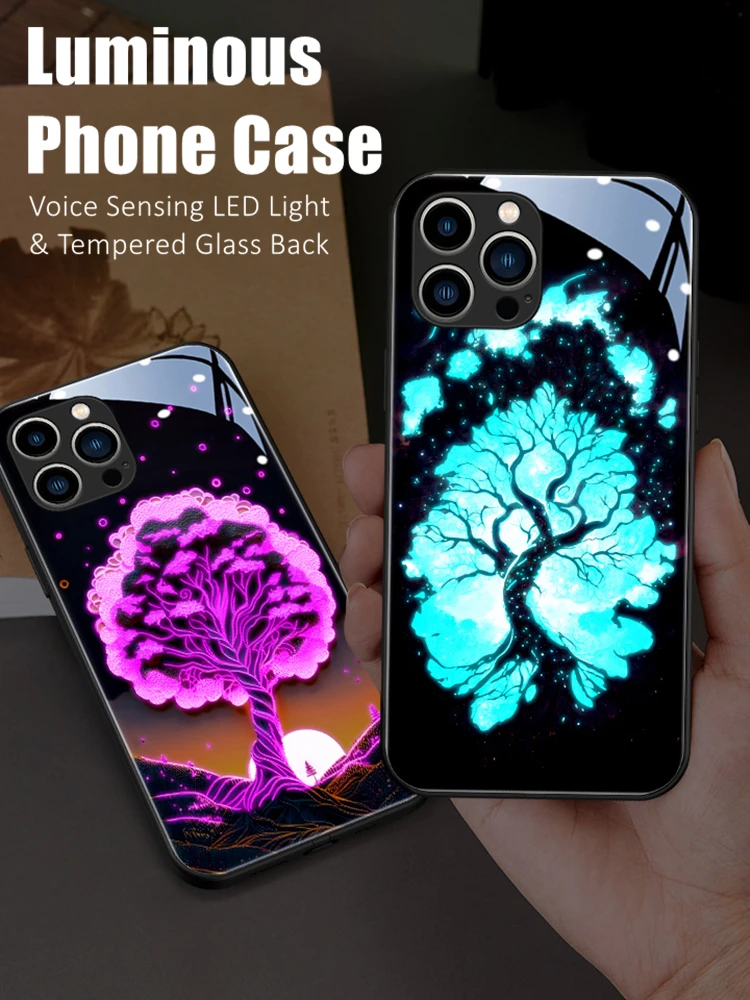 

Lucky Tree Colorful LED Light Glow Luminous Tempered Glass Phone Case for OPPO Reno 4 5 6 7 8 9 Find X5 Realme X50 Pro Plus SE