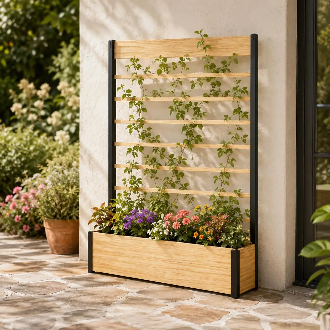 Solid Cedar Wood Privacy Screen With Planter Box Natural Trellis For Climbing Vines Flowers Herbs Outdoor Vertical Garden For Patio Balcony Deck Yard