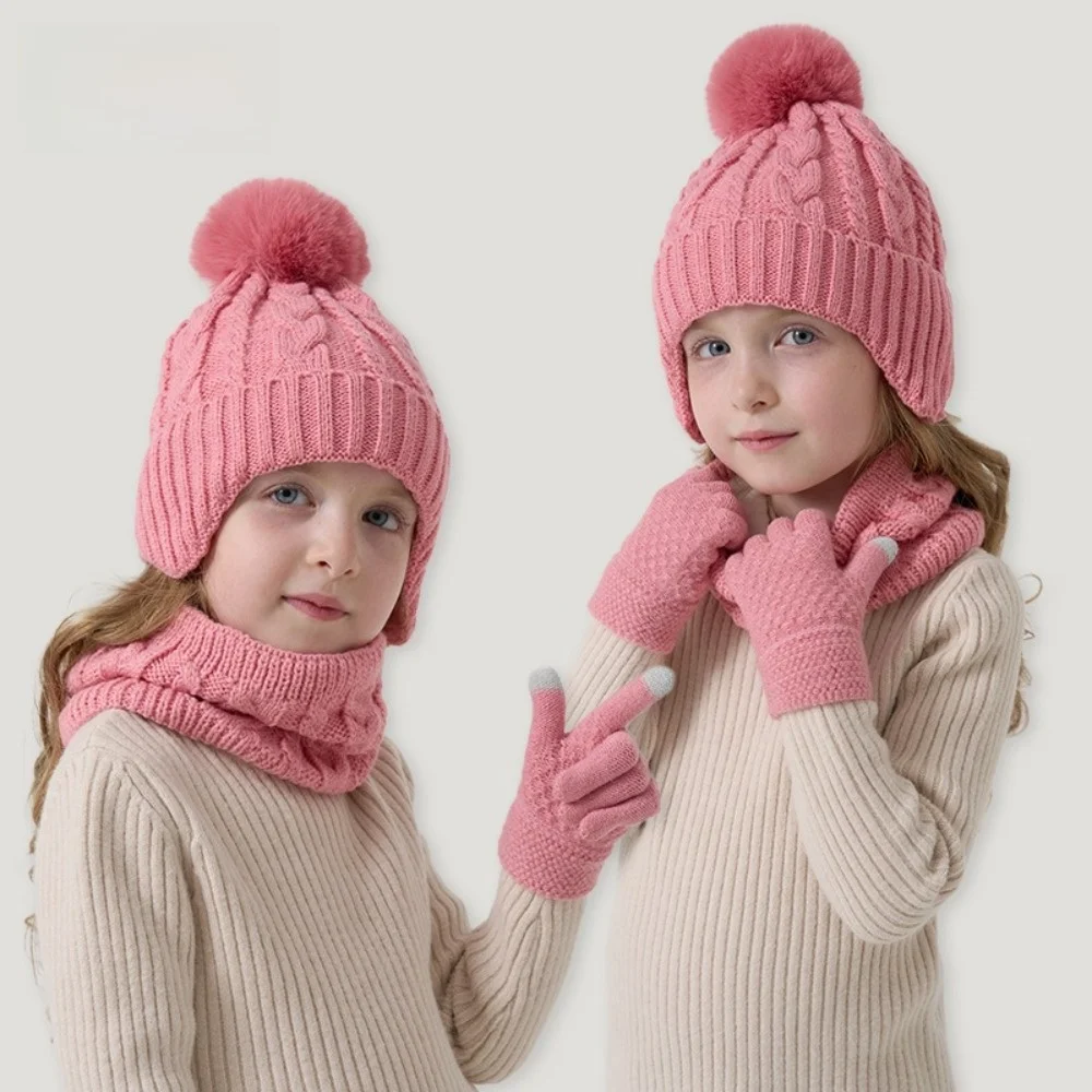 

Fashion Solid Color Baby Hat Scarf Gloves Set Warm Ears Thickened Toddler Knitted Hats Keep Warm Cute Pompom Hat Set