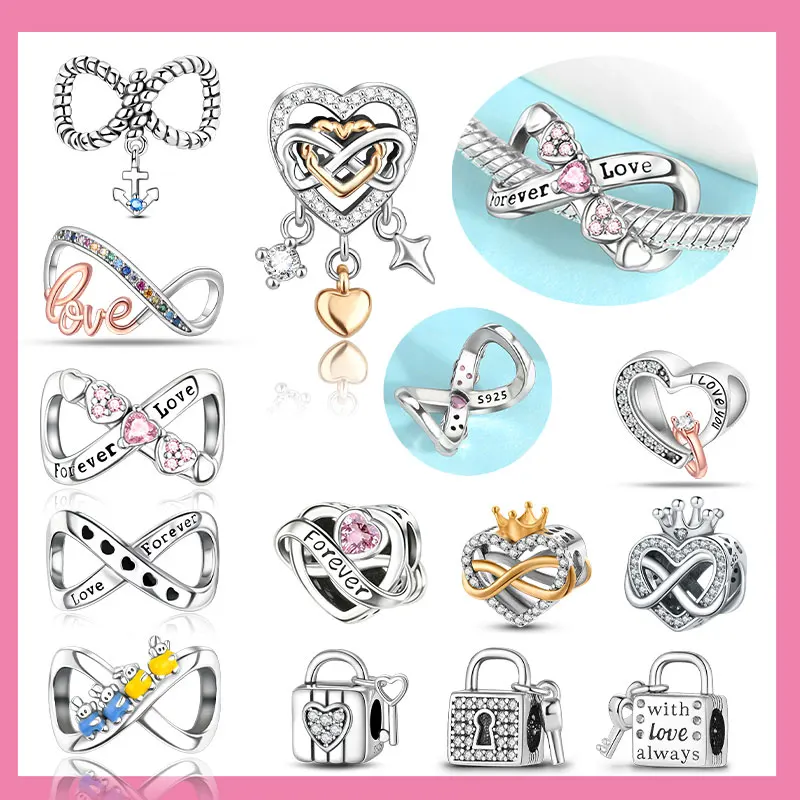 

Infinite Love Crown Double Heart Shape Pendant Rose Gold Charm Beads Fit Original 925 Sterling Silver Bangle DIY Jewelry Gift