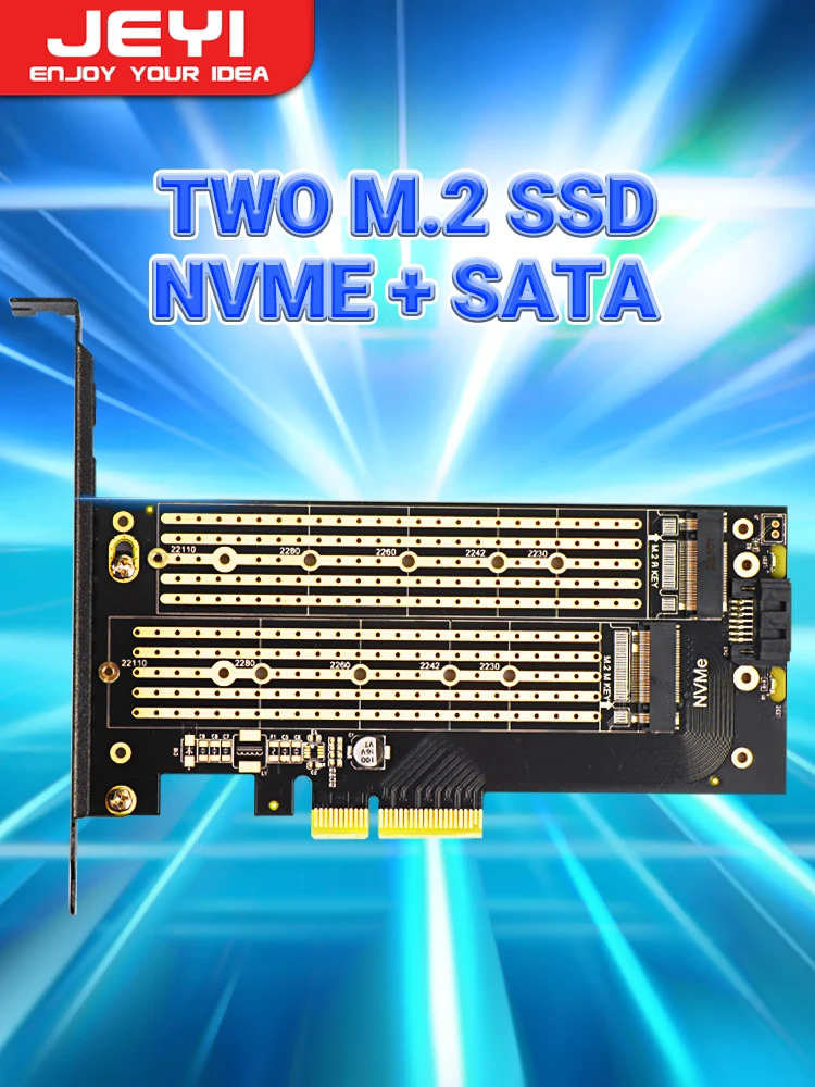 Adapter JEYI SK6 M.2 Dual M.2 PCIE 4.0 do NVMe / NGFF SSD, NVME (klucz m) i SATA (klucz b) SSD do gniazda PCIe x4 X8 X16 — zdjęcie 2