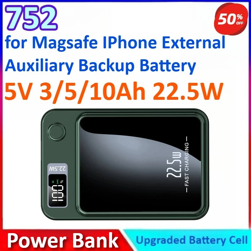 

752 5V 10Ah 22.5W New Magnetic Wireless Power Bank Phone Fast Charger for Magsafe IPhone External Auxiliary Backup Battery